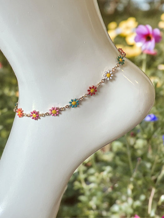 Multi-Color Enamel Flower Fashion Anklet - 3 Pack